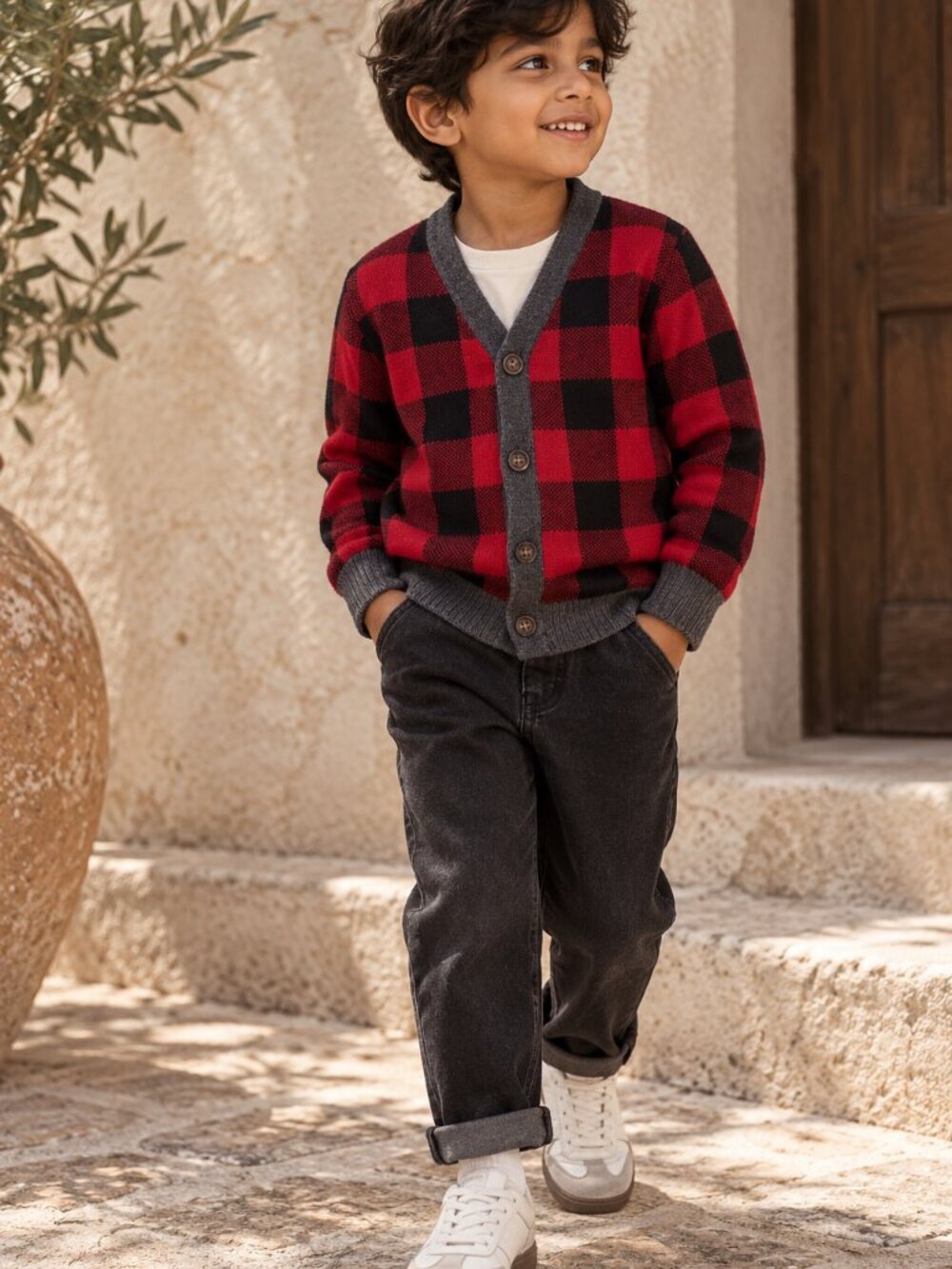 Baby Gap Boys Red Black Buffalo Plaid Knit Cardigan Sweater 5T